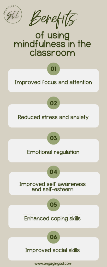 infographic that lists the benefits of using mindfulness in the classroom