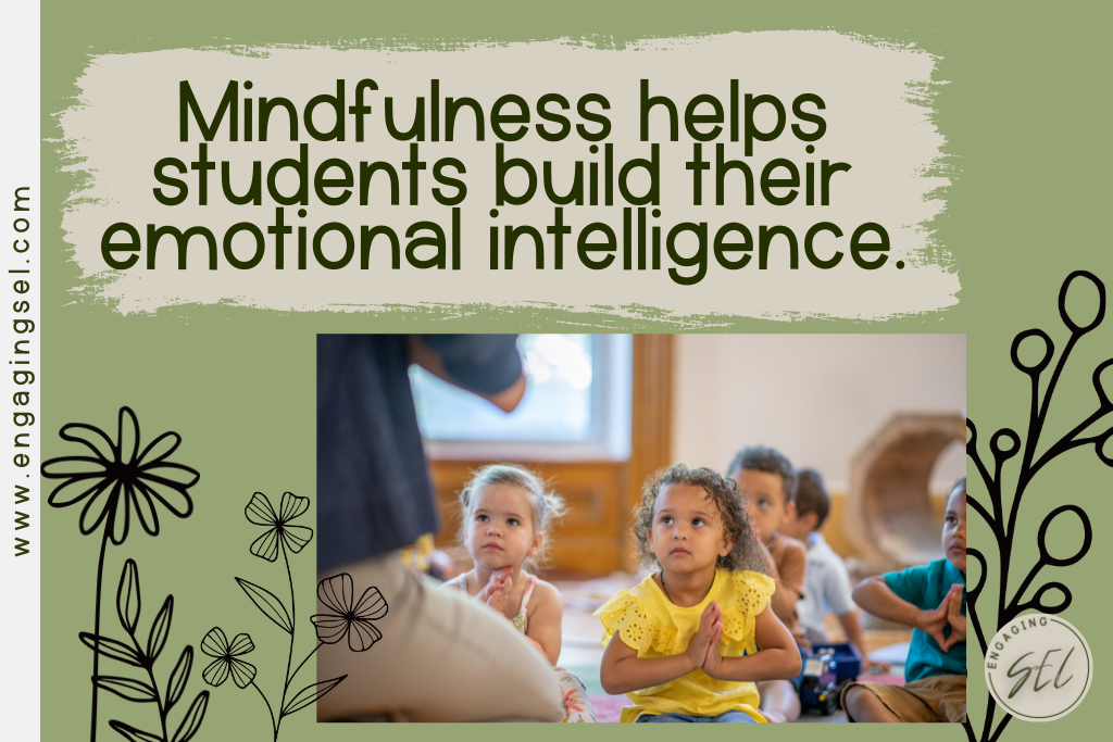 Students sitting on the carpet practicing mindfulness with teacher in the classroom