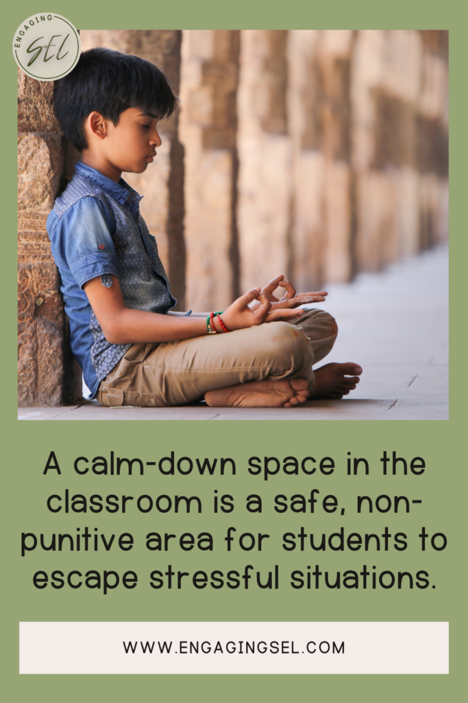 Student sitting in a calm down area practicing meditation and mindfulness to calm down.