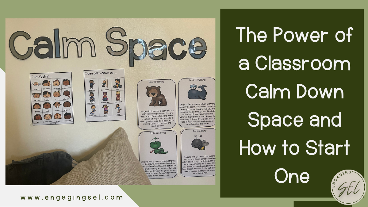 A calm down space in a classroom showing emotions poster, clam down tools chart, breathing posters and pillows.