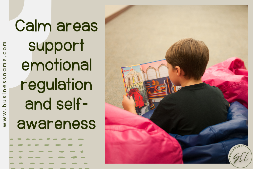 Student sitting in a calm space and reading a book as a calming strategy. 