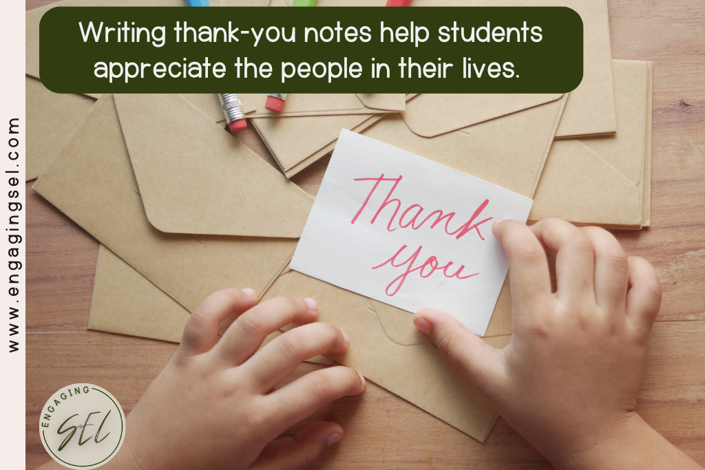 Student writing a thank you note. Text says " writing thank you notes help students appreciate the people in their lives." 