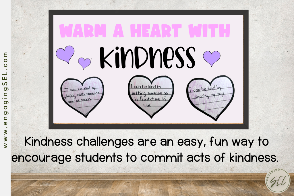 Bulletin board display showing a kindness writing activity and kindness challenge with the title that says "warm a heart with kindness" 