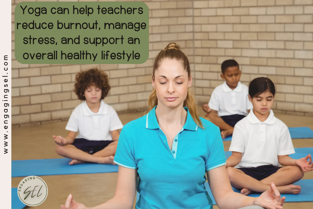 Teacher doing yoga with her students. Image shows a teacher with her eyes closed, in a meditative state and her students following her. 