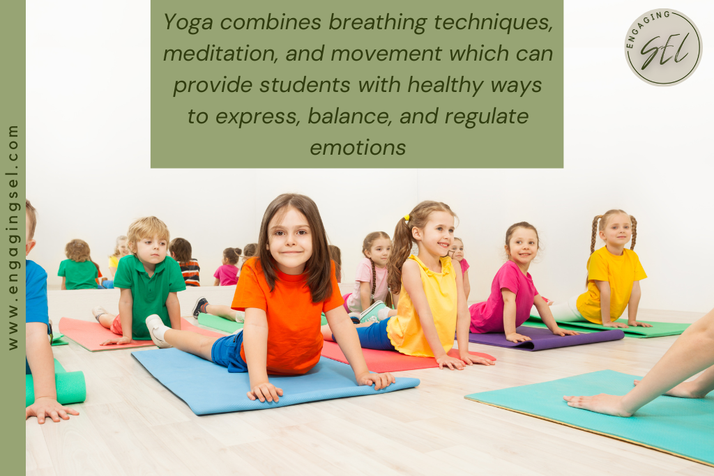 Students in an elementary classroom practicing yoga with their teacher. 