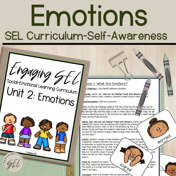 Binder with the lesson page on the front. Binder cover shows Engaging SEL Emotions Curriculum Cover