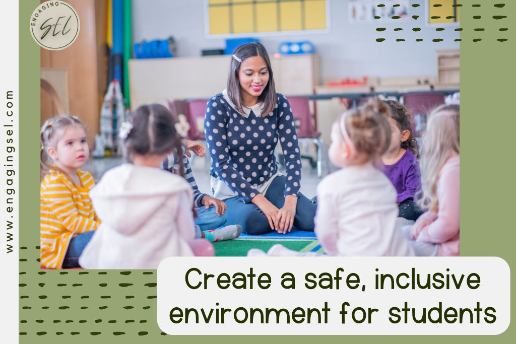 teacher sitting with her students on the carpet during morning meeting time. Create a safe, inclusive environment for students. 