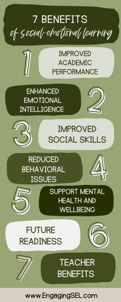 this is an infographic that shows the 7 benefits of teaching SEL in the classroom 